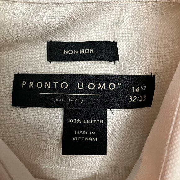 Pronto Uomo Mens Non-Iron White Long Sleeve Button Down Dress Shirt 14.5" 32/33" - Picture 3 of 4